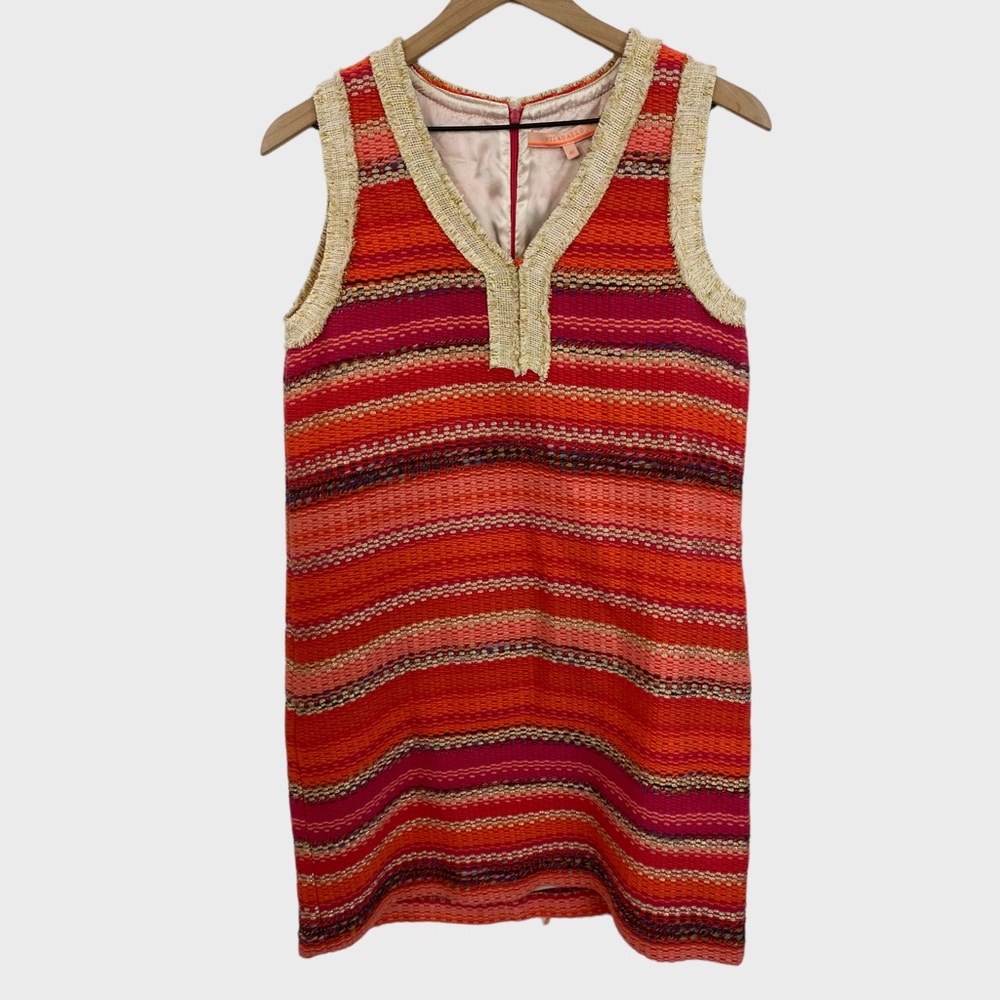 Vilagallo Red Orange Cream Gold Stripe Tweed Dress Size 40